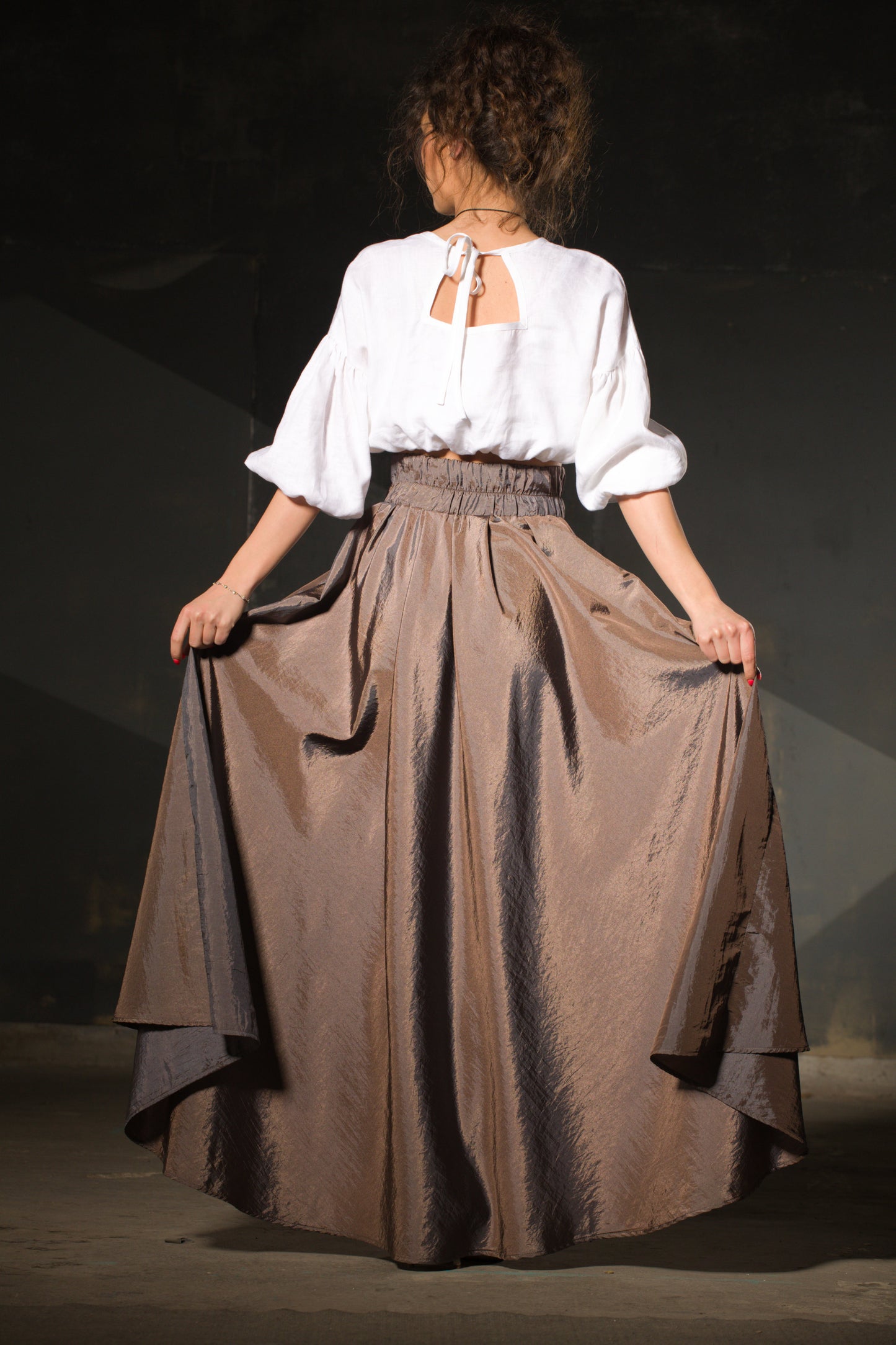 Bronze Taffeta Maxi Skirt — Bow Waist, Pleated