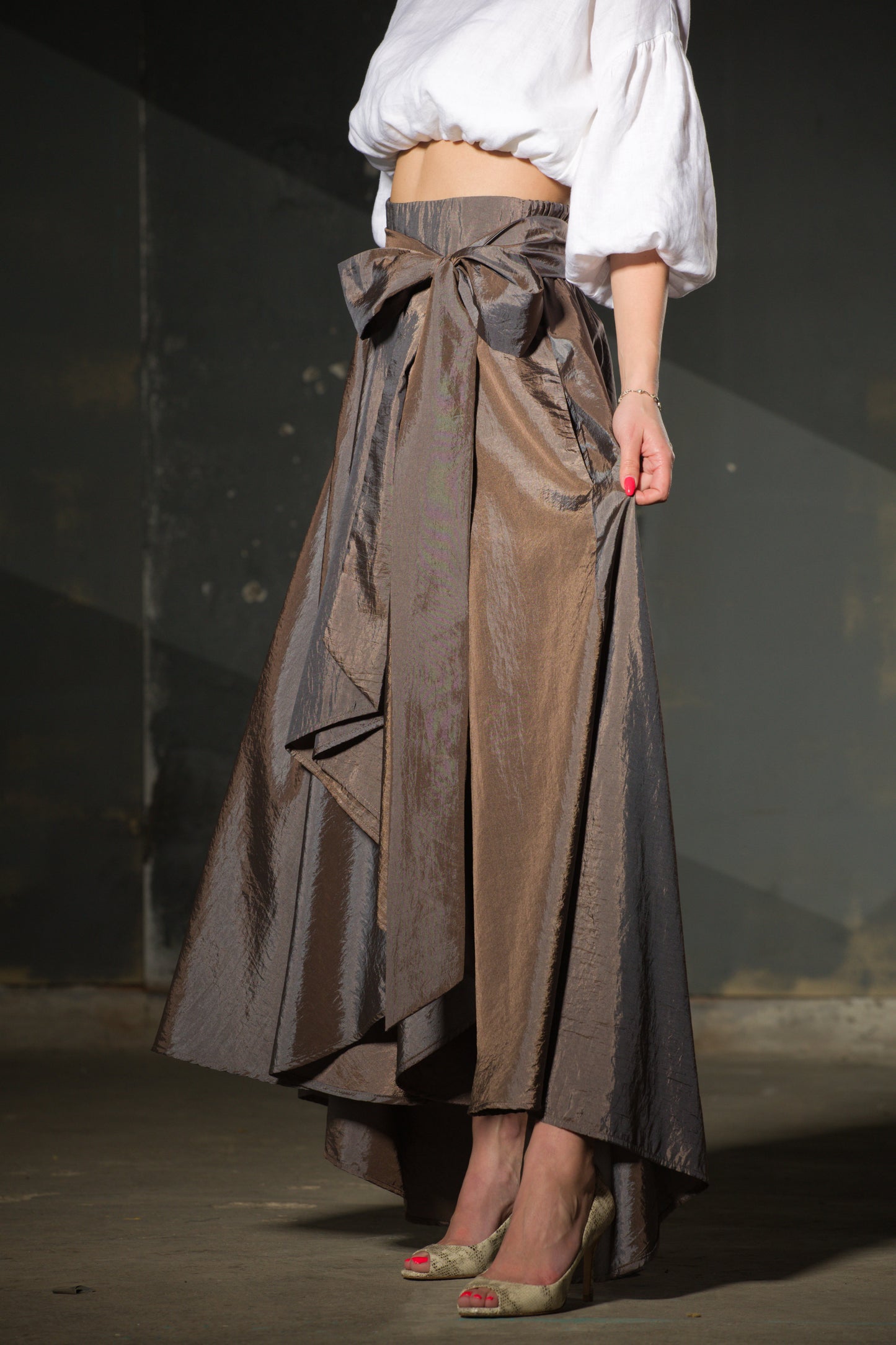 Bronze Taffeta Maxi Skirt — Bow Waist, Pleated