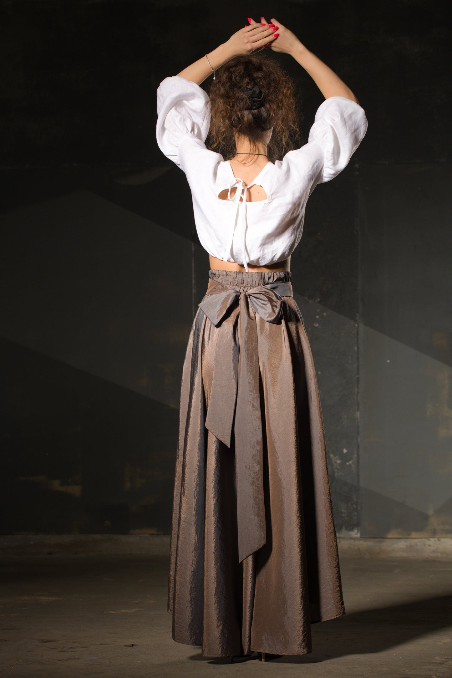 Bronze Taffeta Maxi Skirt — Bow Waist, Pleated