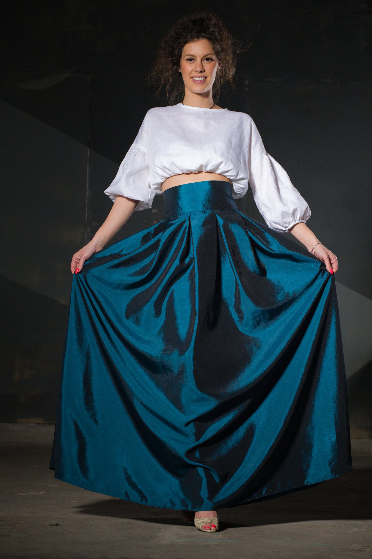 Bronze Taffeta Maxi Skirt — Bow Waist, Pleated