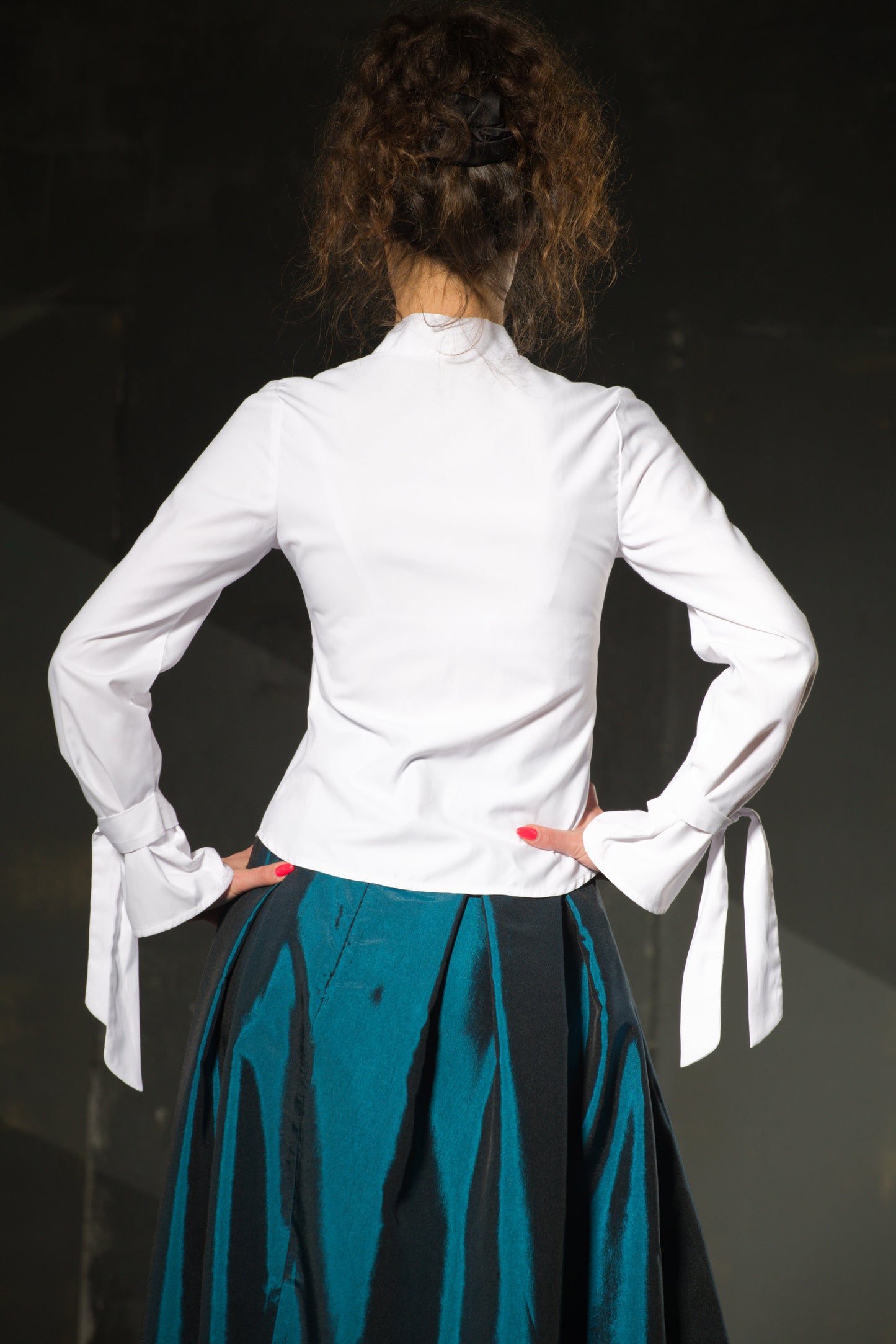 White Blouse — Ribbon Bow Cuffs, Tie Neck