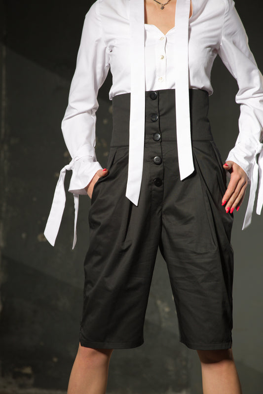 Black Midi Shorts — High Waist, Button Front