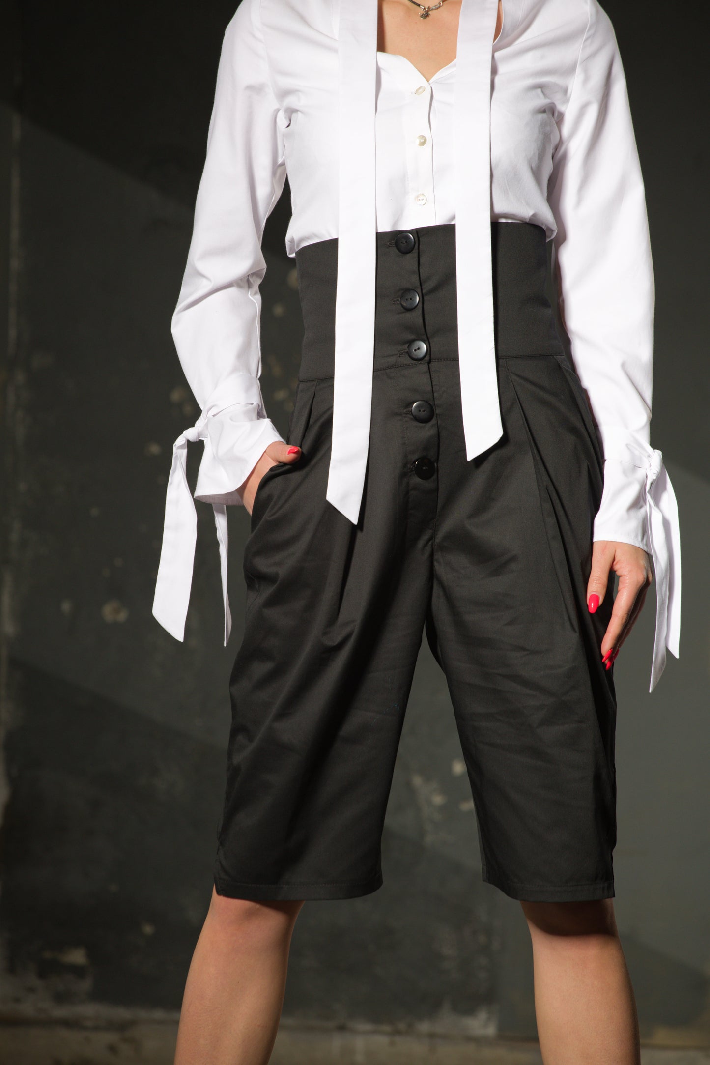 White Blouse — Ribbon Bow Cuffs, Tie Neck