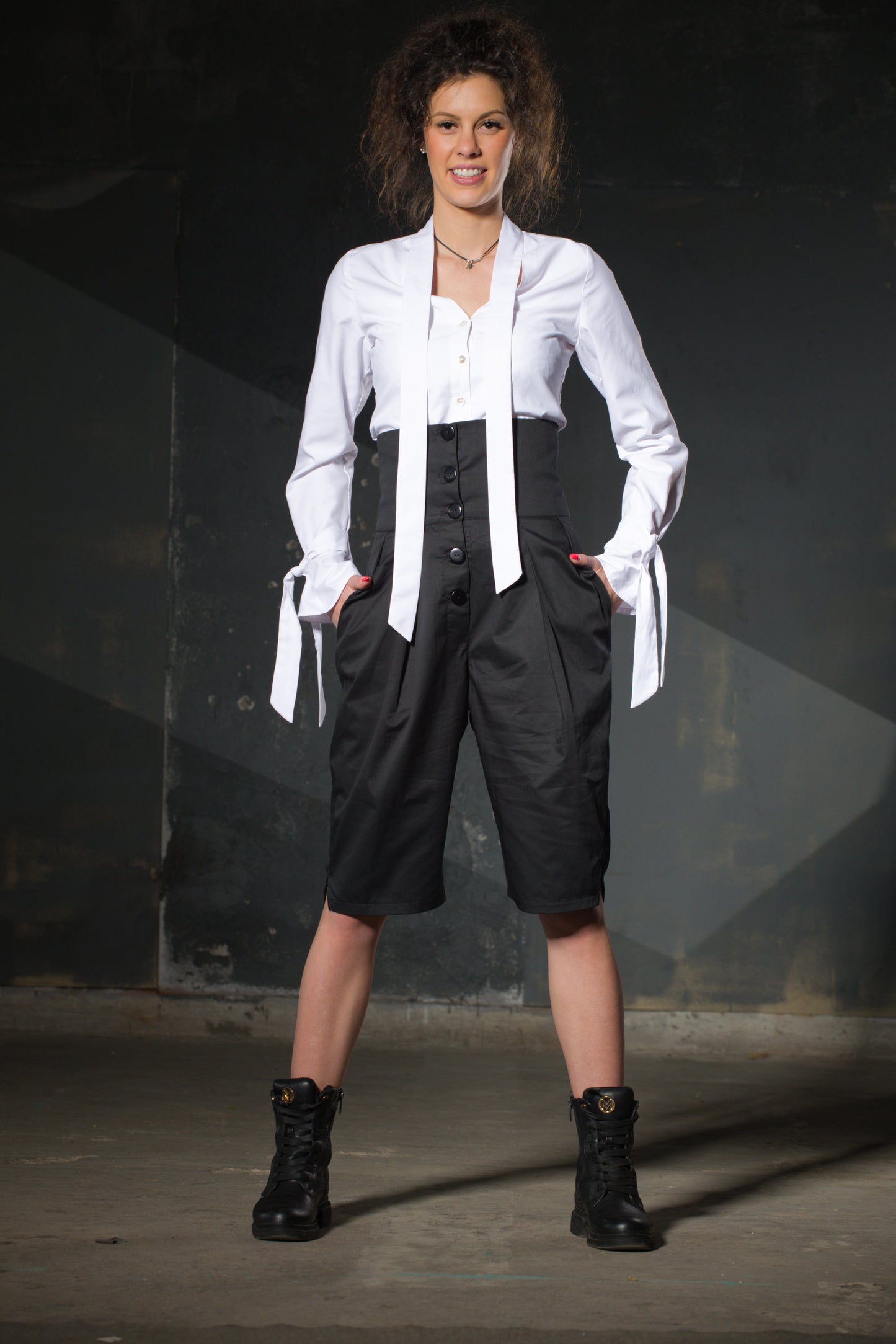 Black Midi Shorts — High Waist, Button Front