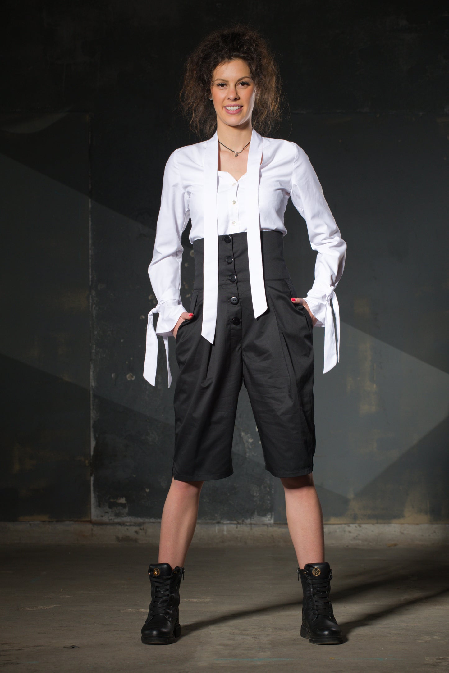 White Blouse — Ribbon Bow Cuffs, Tie Neck