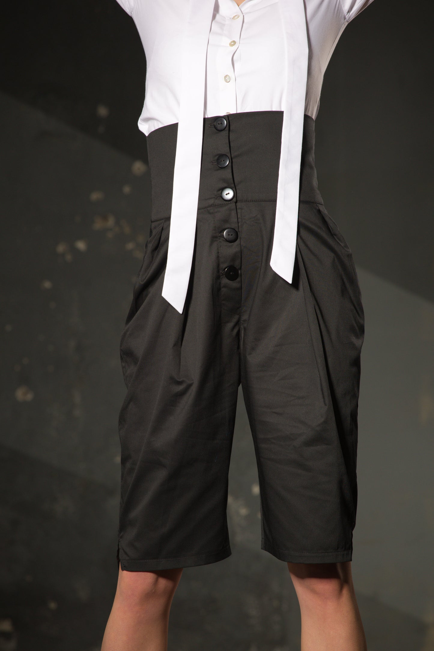 Black Midi Shorts — High Waist, Button Front