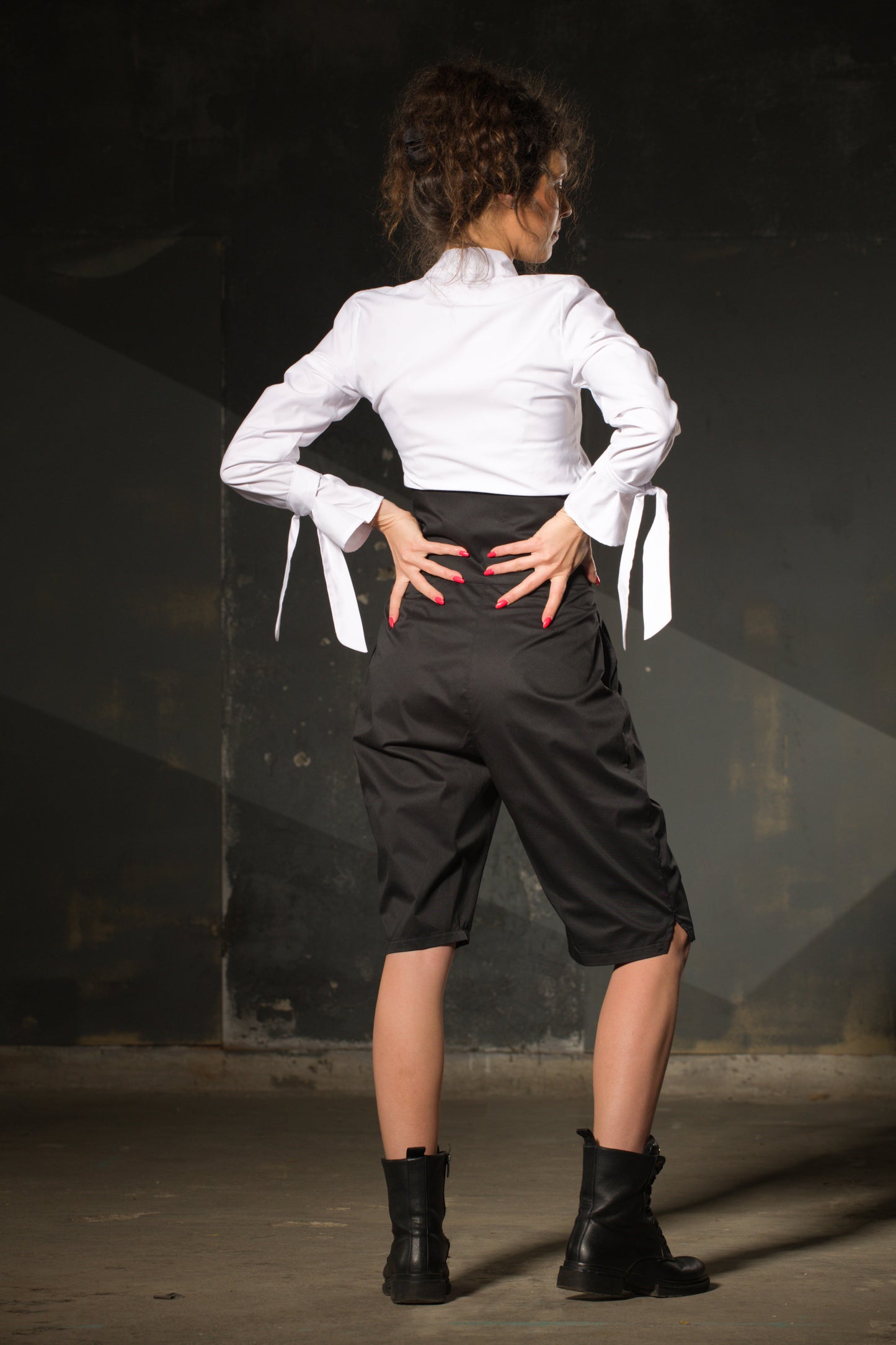 White Blouse — Ribbon Bow Cuffs, Tie Neck