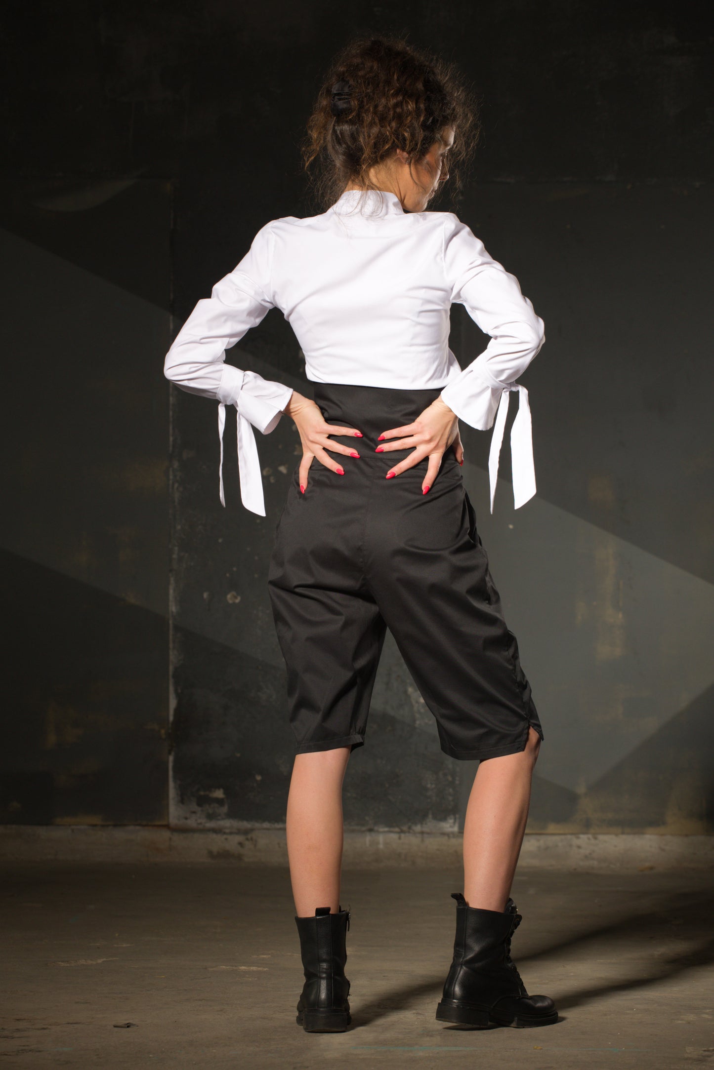 Black Midi Shorts — High Waist, Button Front