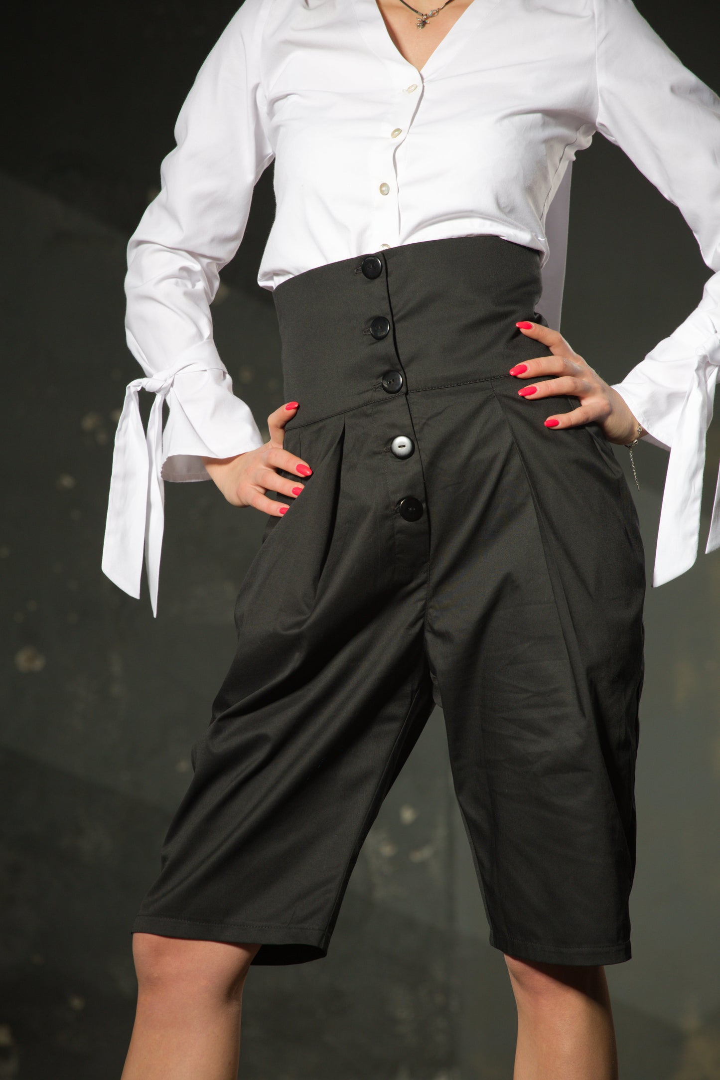 White Blouse — Ribbon Bow Cuffs, Tie Neck