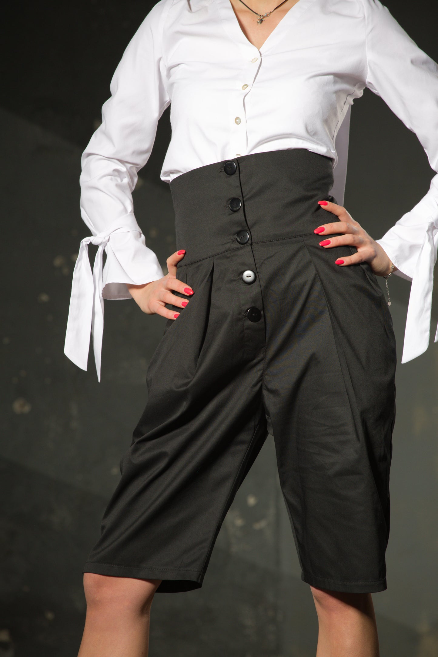 Black Midi Shorts — High Waist, Button Front