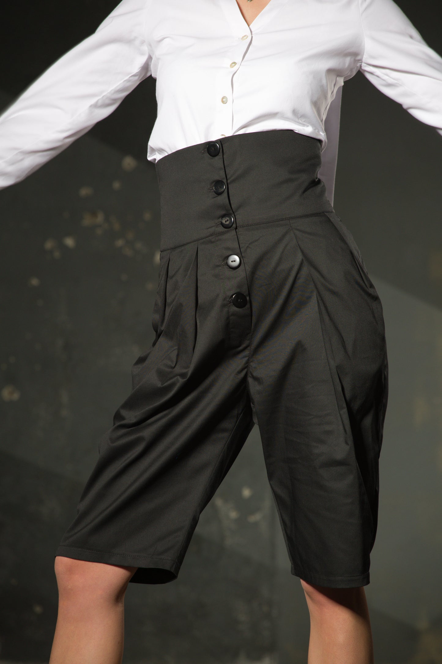 Black Midi Shorts — High Waist, Button Front