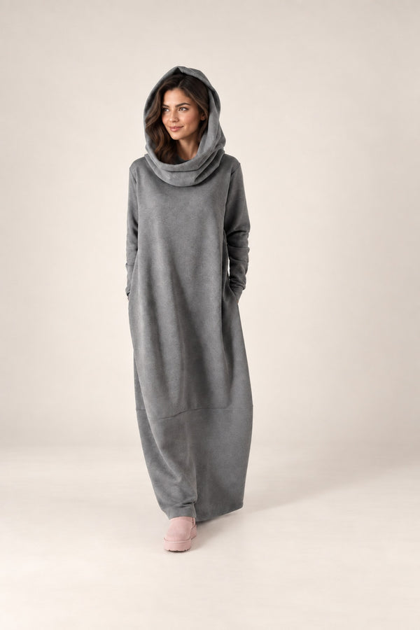 Light Grey ALISA hooded fleece maxi dress front walking view