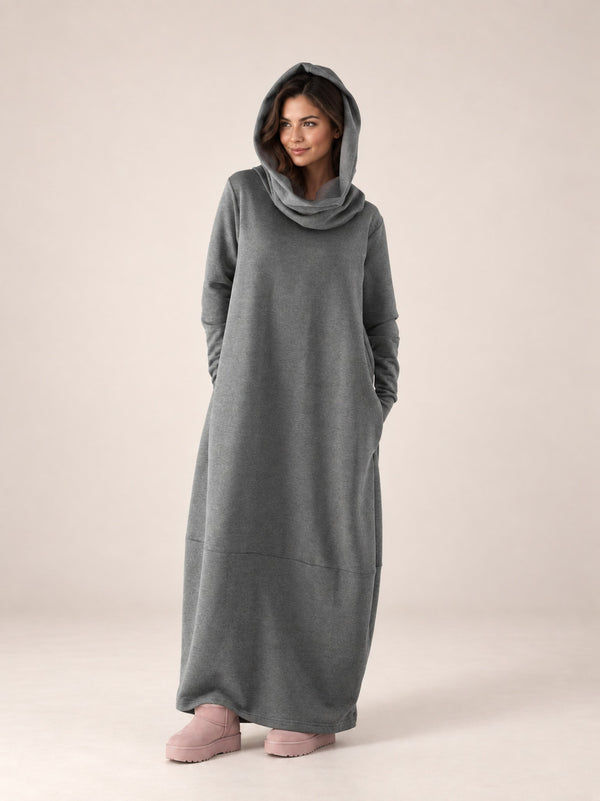 Gray Melange ALISA Hooded Fleece Maxi Dress