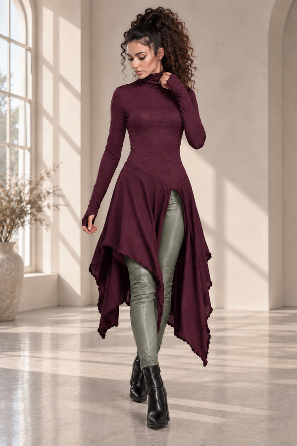 Burgundy asymmetric tunic, front view