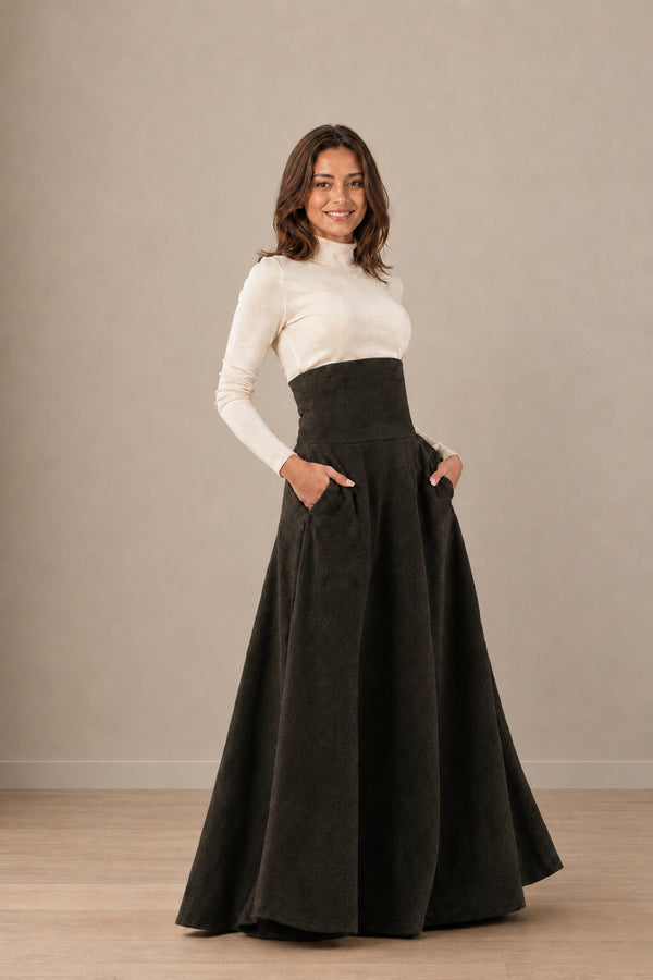 Wool Maxi Skirt, Victorian High-Waisted Full Circle, Pockets