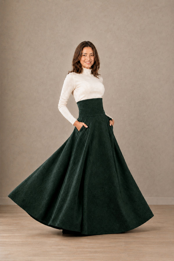 Wool Maxi Skirt, Victorian High-Waisted Full Circle, Pockets