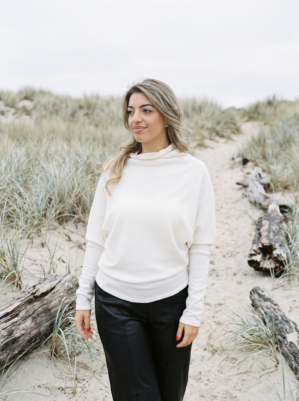 Asymmetric Knit Blouse — Ecru Loose Sweater, Quiet Luxury Minimalist