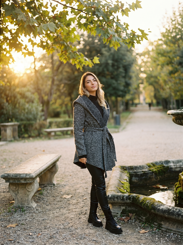 Bouclé Hooded Coat CASSANDRA — Asymmetric Ruffle, Artisan Outerwear