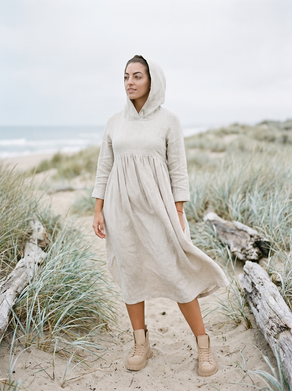 Linen Hooded Midi Dress HESTER — Beige, Cottagecore Slow Fashion