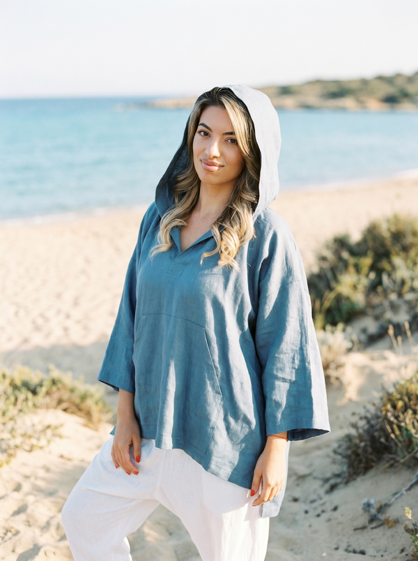 Linen Hooded Tunic — Oversized Boho Kimono, Slow Fashion Layer