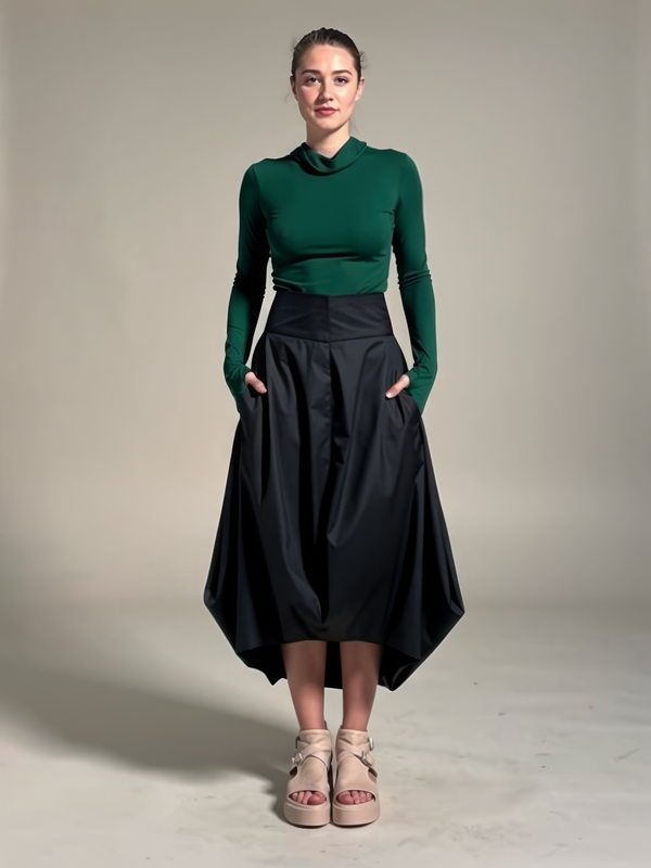 Asymmetric Balloon Skirt — Black Cotton, Avant-Garde Draped