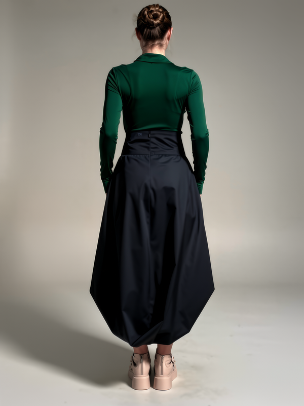 Asymmetric Balloon Skirt — Black Cotton, Avant-Garde Draped
