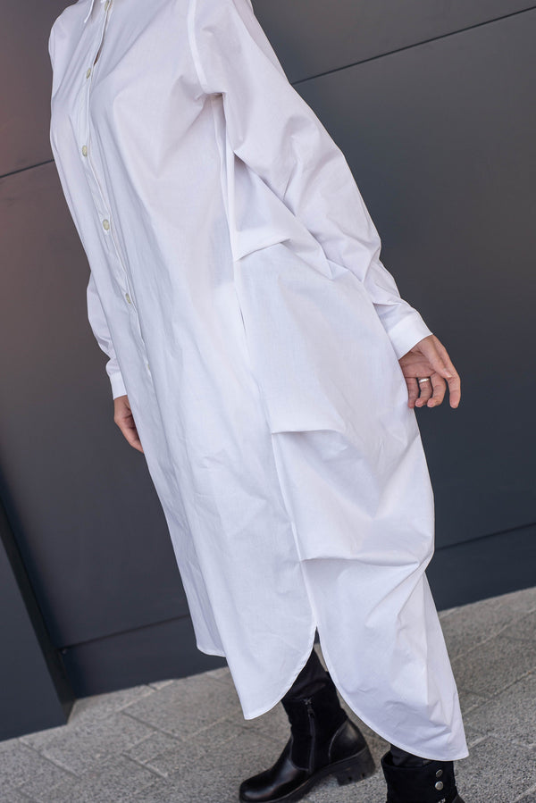 Handmade White Bohemian Shirt Dress Women, Long Sleeve Boho Maxi, Slow Fashion Summer Wedding - photo 1