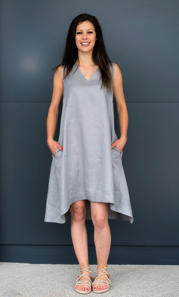 Handmade Gray Linen Tunic Dress, Sleeveless A-Line Pockets, Minimalist Quiet Luxury - photo 1