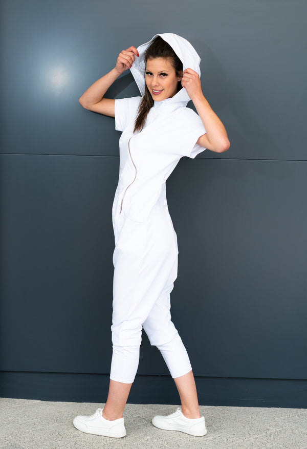 Hooded Harem Jumpsuit — Asymmetric Zip Romper, Dark Alternative