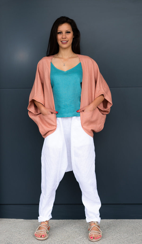 Linen Kimono Jacket — Poncho with Pockets, Boho Quiet Luxury