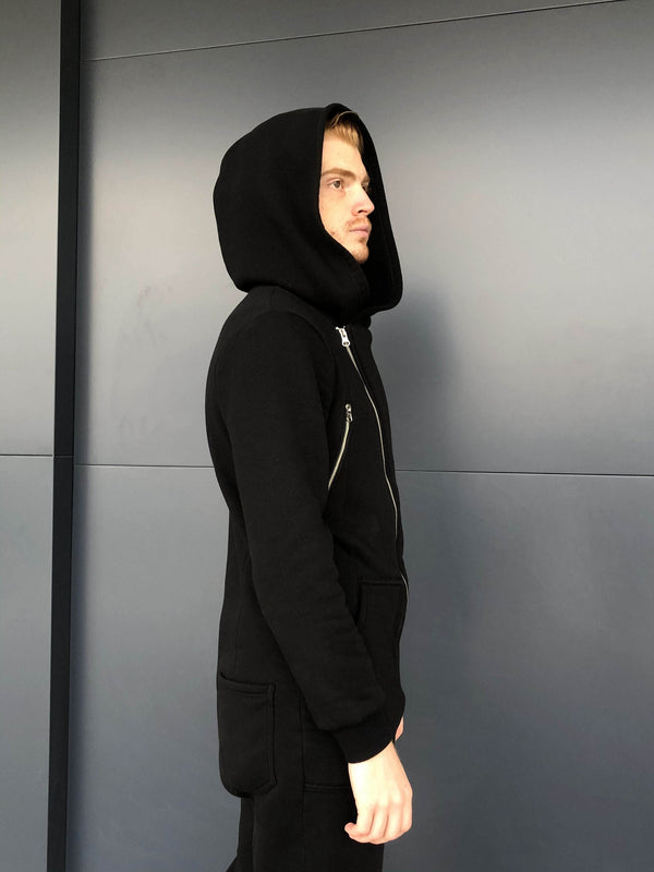 Hooded Jumpsuit — Cotton Asymmetric Zip, Techwear Dark