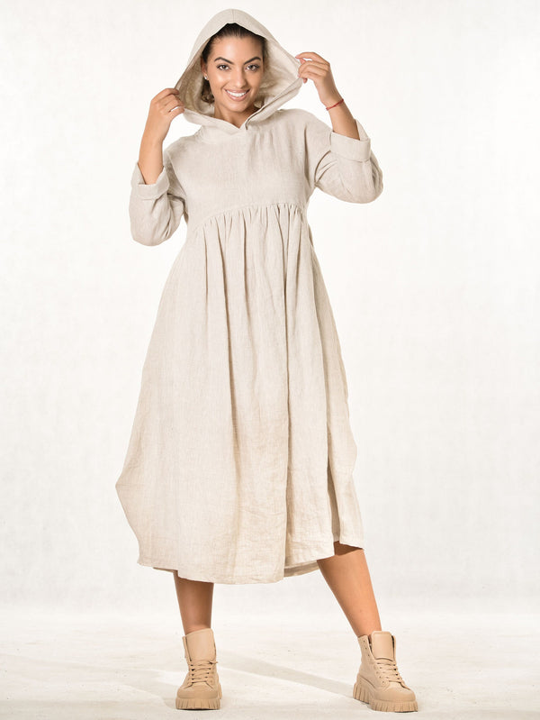 Linen Hooded Midi Dress HESTER — Beige, Cottagecore Slow Fashion