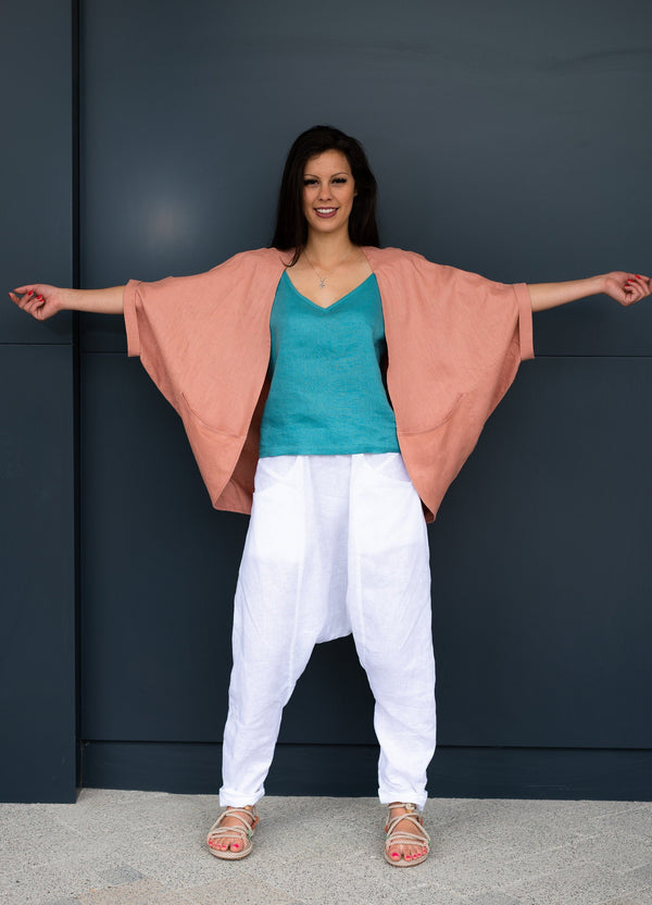 Handmade Linen Kimono Jacket Women, Poncho with Pockets, Boho Quiet Luxury Resort Outerwear - photo 1