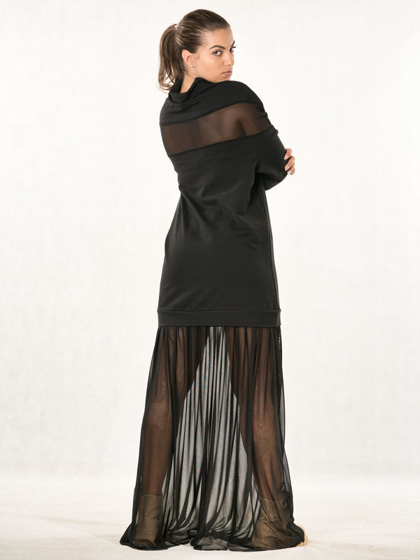 Mesh Maxi Dress — Long Sleeve Layering, Dark Feminine Alternative