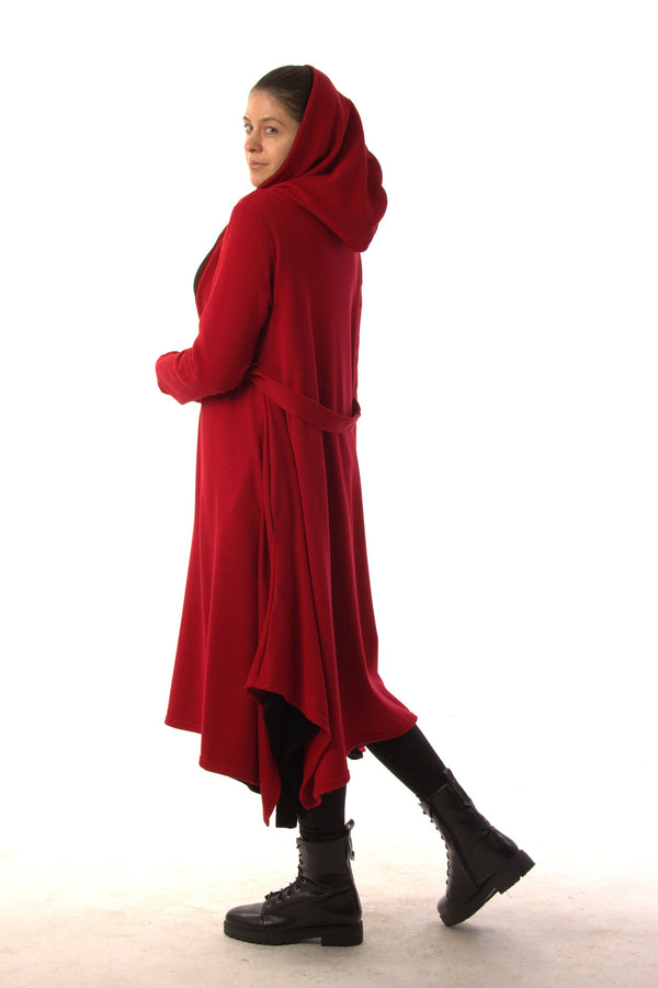 Knit Hooded Cloak BATHSHEBA — Black & Red, Gothic Cape Coat