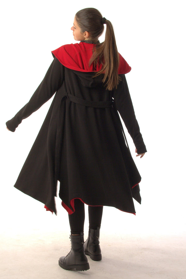 Handmade Black Red Gothic Hooded Cloak Women, Knit Cape Coat, Vampire Dark Fantasy Outerwear - photo 3