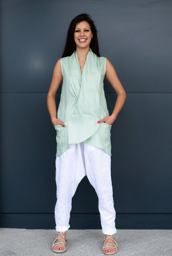 Mint Linen Tunic: Sleeveless Top with Scarf Collar & Pockets