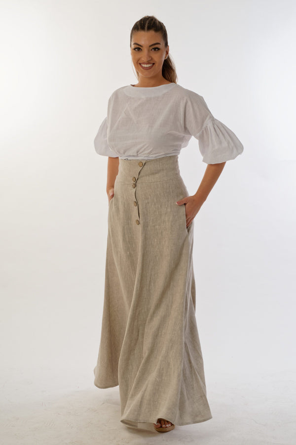 Linen Maxi Skirt — High Waist Asymmetric, Button-Up, Boho