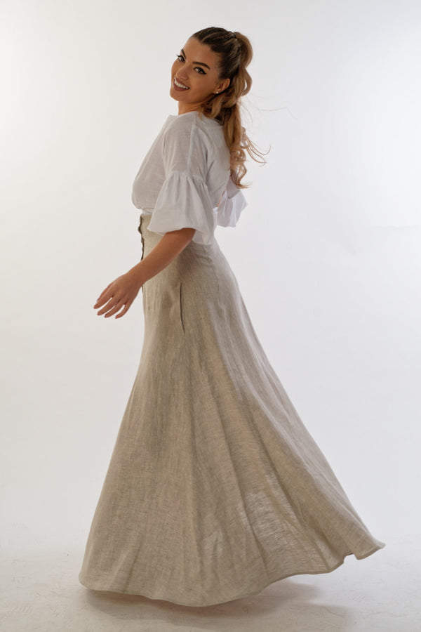 Handmade High Waist Linen Maxi Skirt Women, Asymmetric Button-Up with Pockets, Boho Style - photo 1