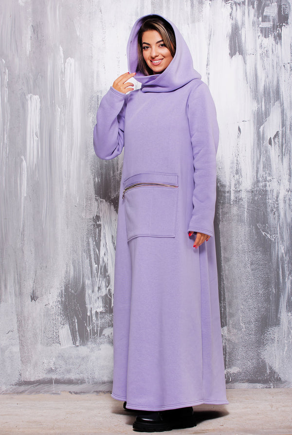 Cotton Maxi Hoodie Dress FLORENCE — Lilac, Oversized Pastel