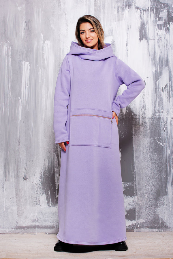 Lilac Cotton Maxi Hoodie Dress, Oversized Casual Pastel Style - photo 1