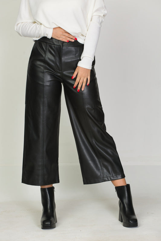Black Vegan Leather Capri Pants, Y2K Dark Feminine Faux Trousers - photo 1