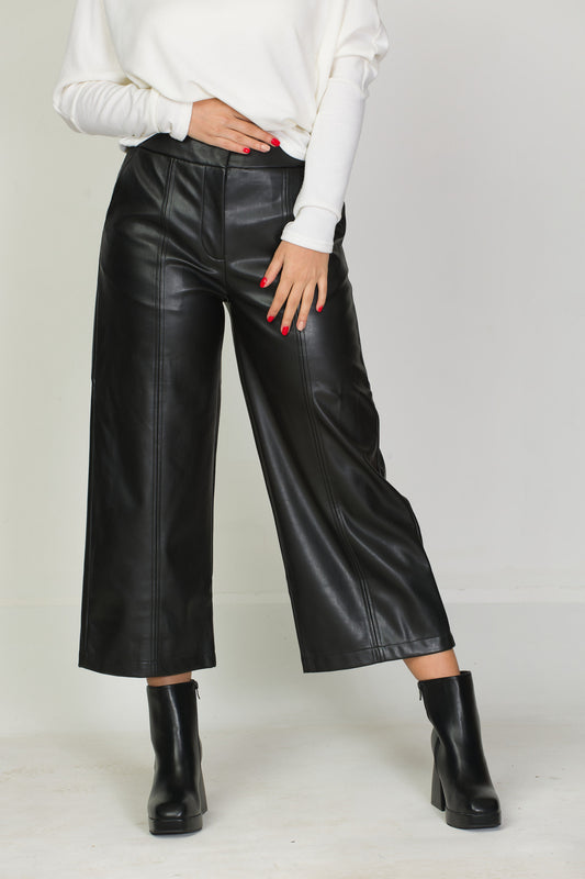 Black Vegan Leather Capri Pants, Y2K Dark Feminine Faux Trousers - photo 1