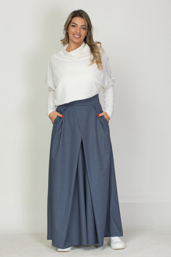 Handmade Blue Viscose Maxi Skirt Women, High Waist Japanese Style Denim Look, Quiet Luxury - photo 1