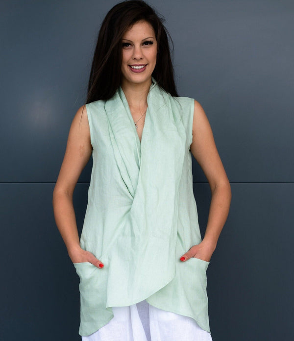 Mint Linen Tunic: Sleeveless Top with Scarf Collar & Pockets - photo 1