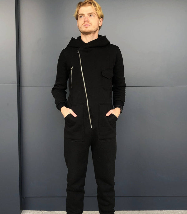Handmade Black Hooded Jumpsuit Men, Cotton Overall Asymmetric Zip, Techwear Urban Dark Style - photo 1