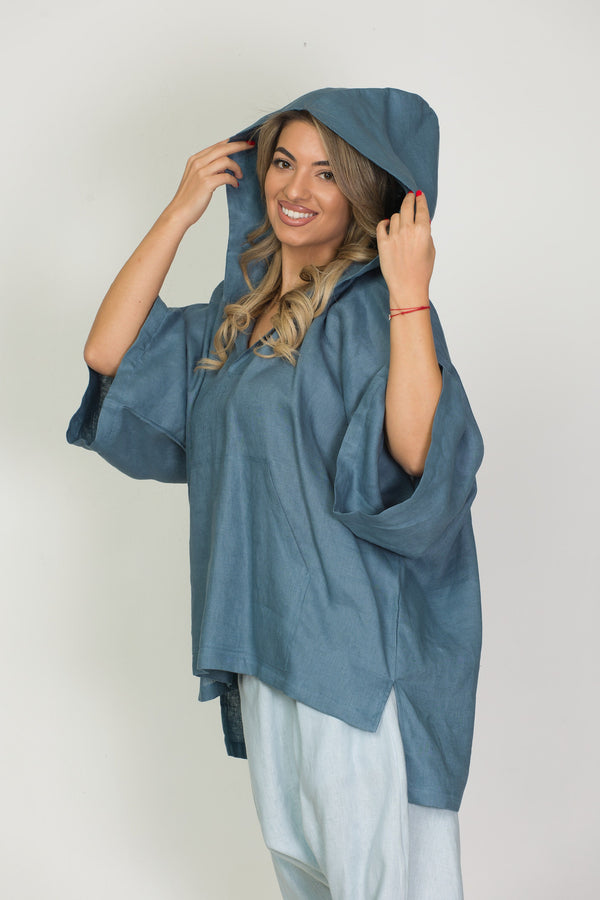 Linen Hooded Tunic — Oversized Boho Kimono, Slow Fashion Layer
