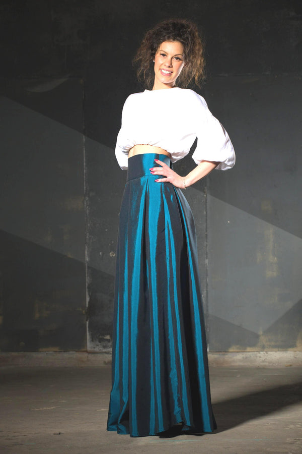 Petrol Taffeta Skirt — High Waist Ball Gown, Iridescent Formal