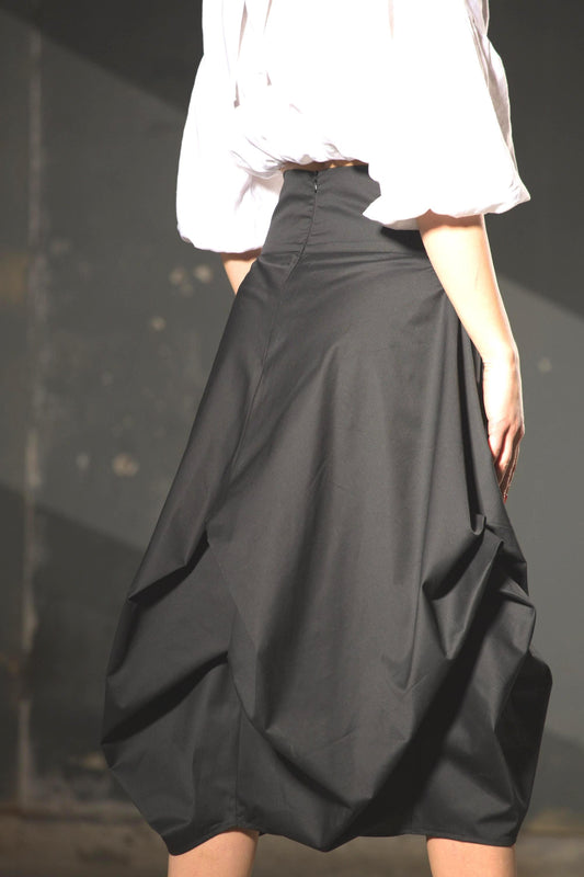Asymmetric Black Cotton Skirt: Avant-Garde Draped Balloon Skirt - photo 1