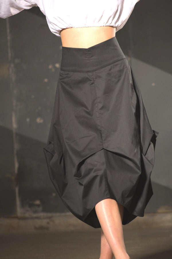 Asymmetric Black Cotton Skirt: Avant-Garde Draped Balloon Skirt - photo 3